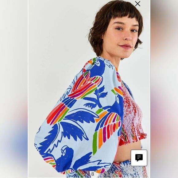 Farm Rio Mixed Birds Puff-Sleeve Smocked Crop Top NWT Size Medium - Picture 3 of 6